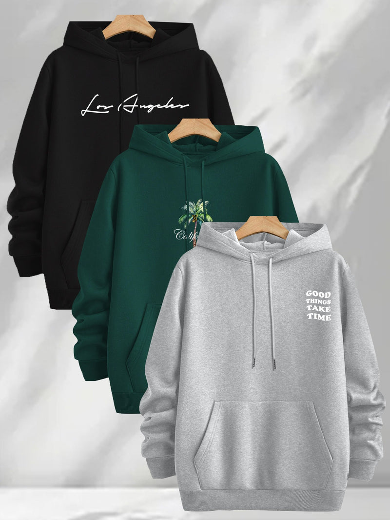 3pcs Trendy Print Sweatshirt, Men's Casual Hooded Sweatshirt.