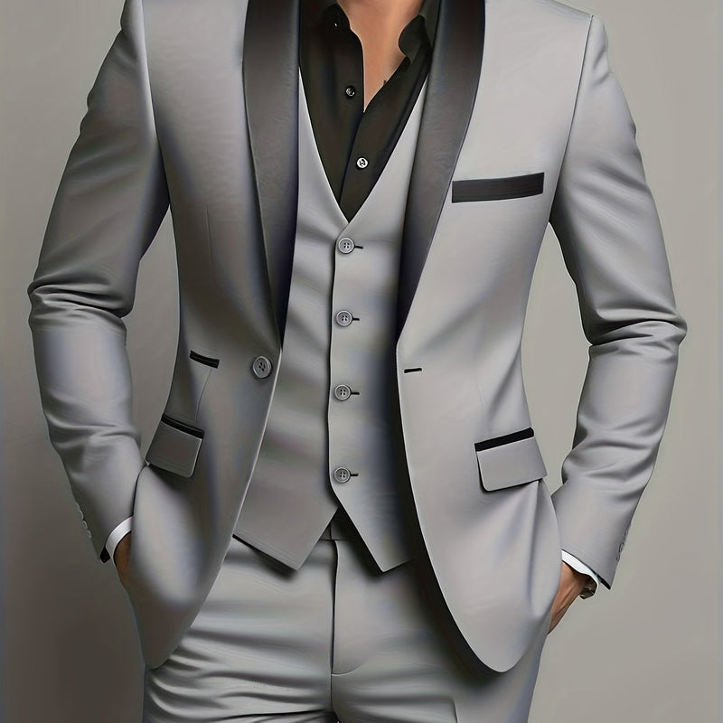 Men's 3pcs Wedding Suit Set - Slim Fit Business Suit Jacket + Single-Breasted Vest.