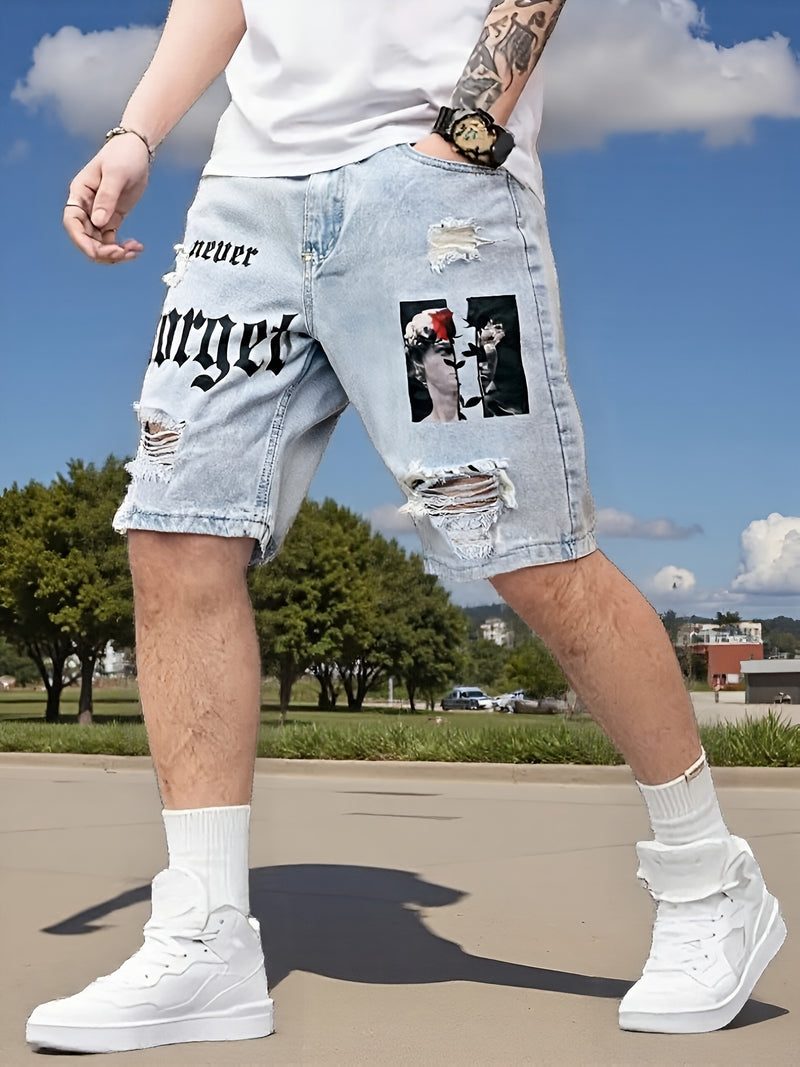 Men's Denim Shorts, Light Blue, Perforated Design, Printed, Loose Fit, Non Stretchy.