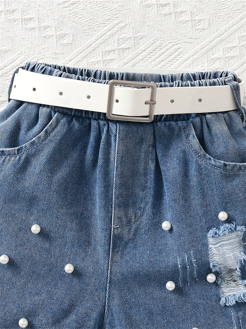 Girls' Lace-Trimmed Tank Top And Denim Shorts Two-Piece Set, for Outdoor.