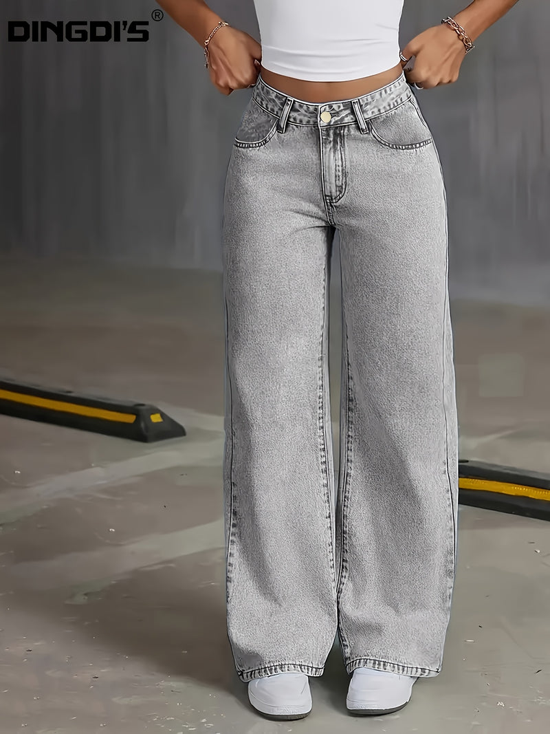 Women's New Stretch Straight Jeans, Wide-leg Jeans with Pockets.