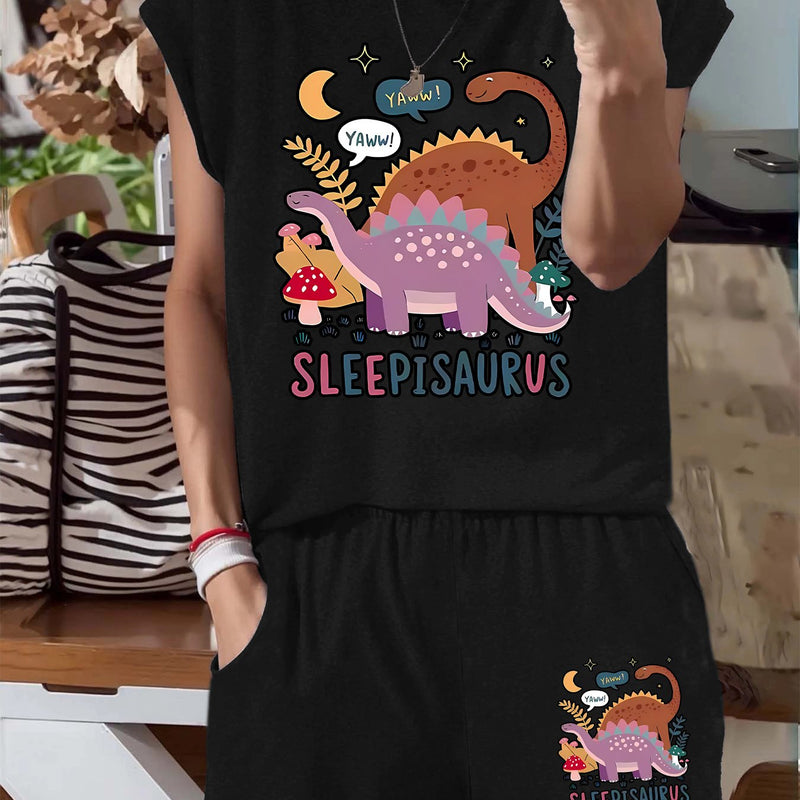 Women's Casual Sleeping Dinosaur Graphic Tee and Shorts.