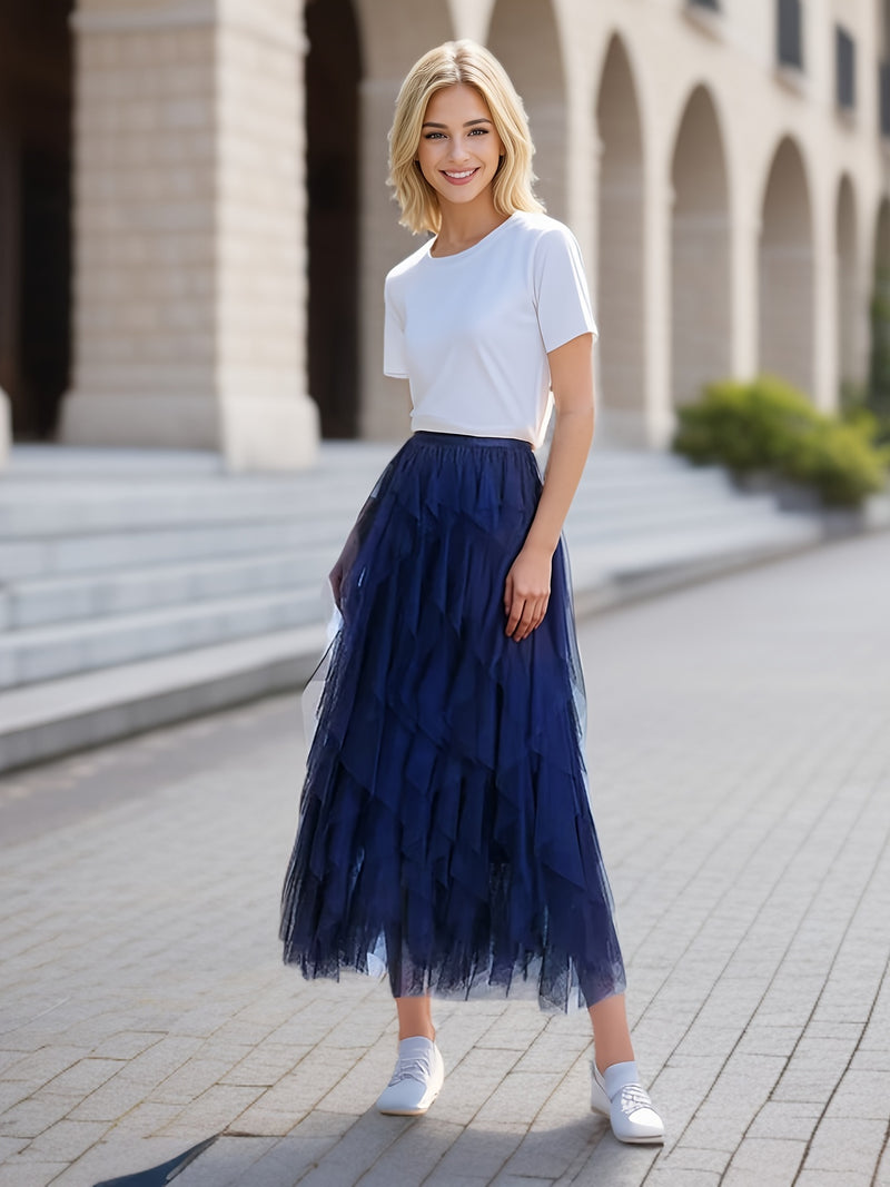Women’s Irregular High-Waisted A-Line Tulle Skirt, Layered Tulle Skirt.