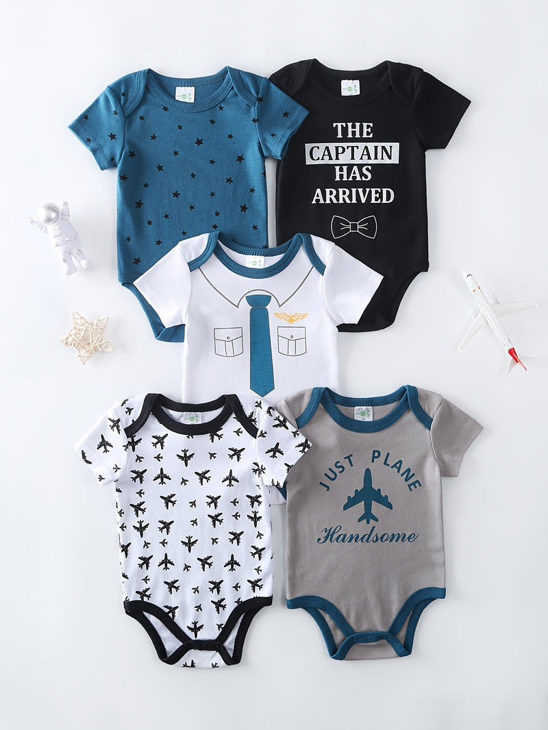 5pcs Boys' Casual Romper, Boys' Suitable for Newborn Children's.