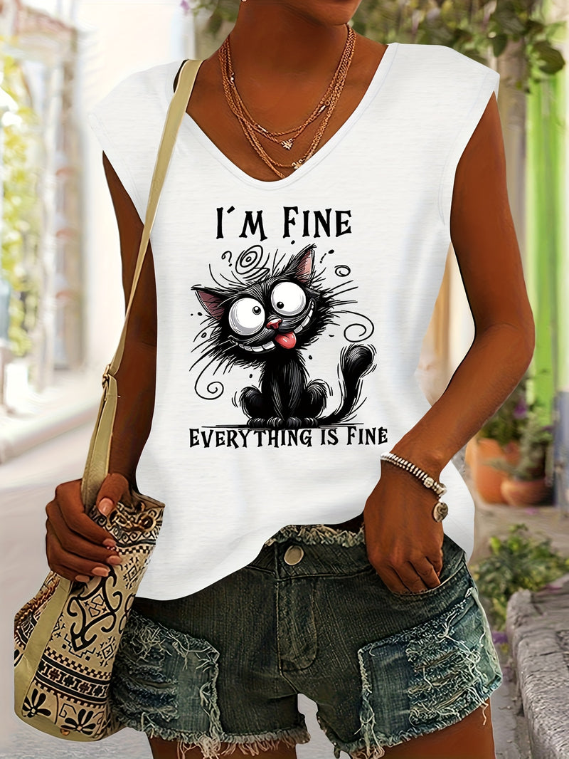 Women’s Cute Cat Print Rayon V-Neck Short Sleeve T-Shirt.