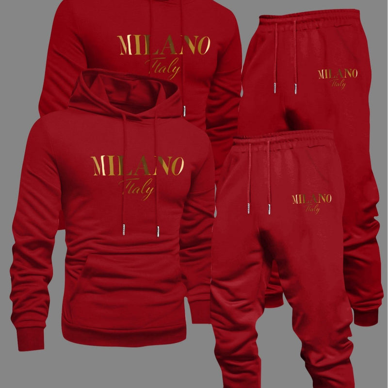Men's Fashion Slogan Hoodie Four-Piece Set with Drawstring Elastic.