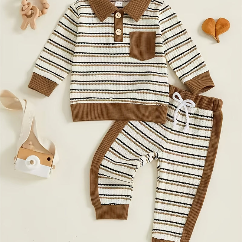 Toddler Boys Waffle Stripe Lapel Collar Sports Set.