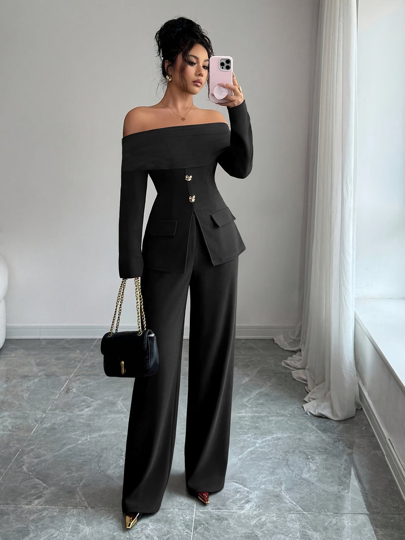 Women's Elegant Versatile Off-Shoulder Top with Mesh Panel Slim Fit Waist Zipper.