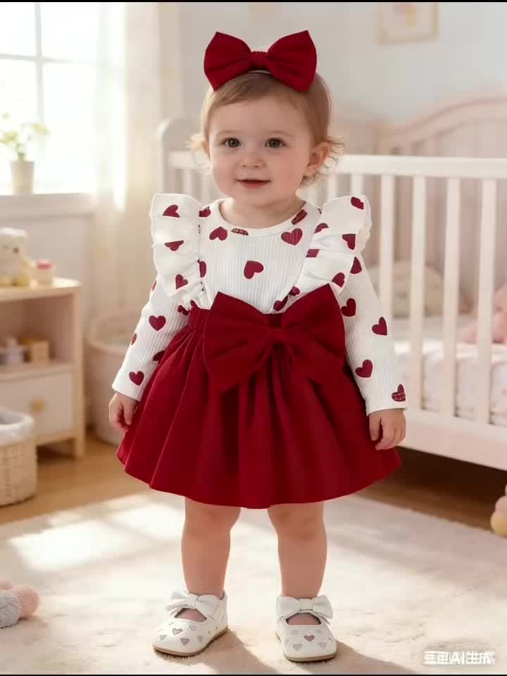 Girls' Valentine's Day Sweet Romantic Lace Bow Decorated Heart Print.