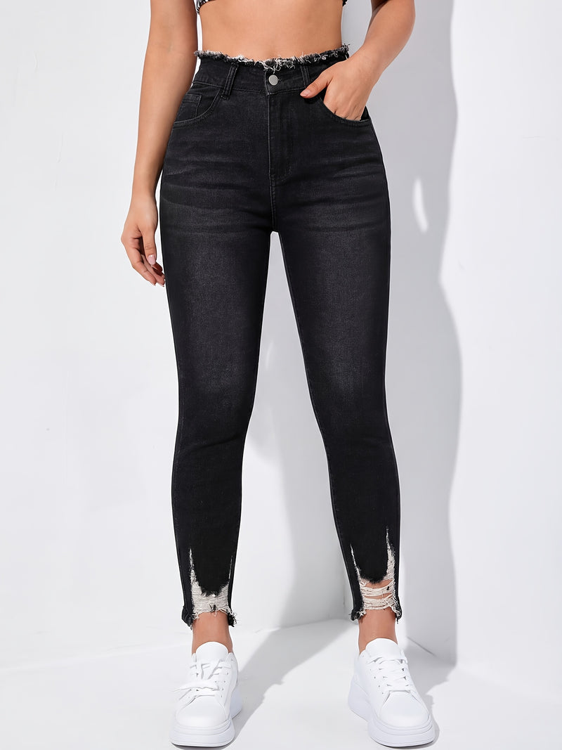 Women's Ripped Skinny Jeans with Frayed Edges.