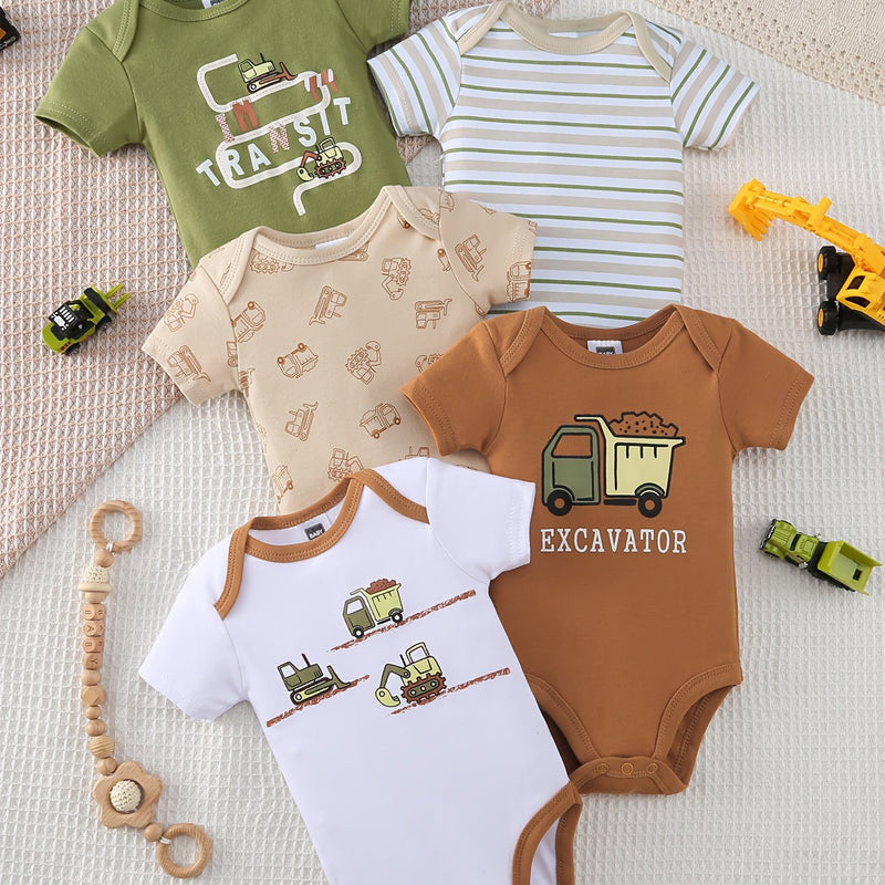 5pcs Boys Romper Set, Featuring a Stylish Cartoon Car Pattern.