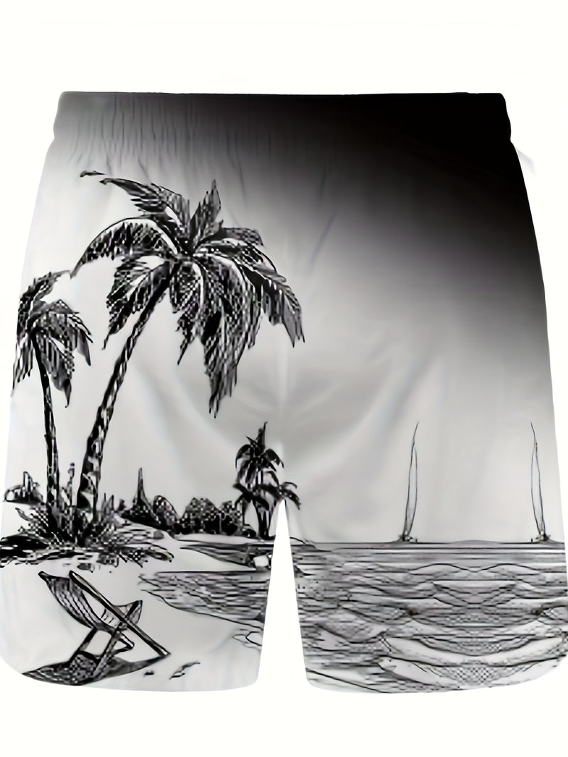 Men’s Black & White Botanical Print T-Shirt and Shorts Set.
