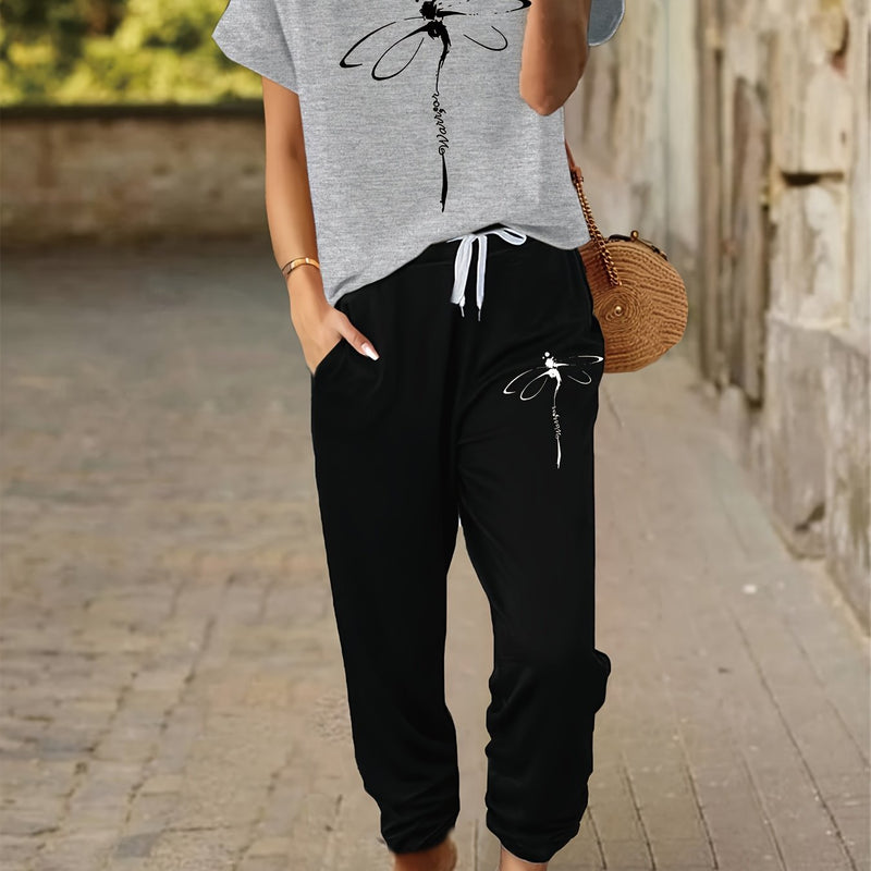 Women's 2pcs Outfit - Batwing V-Neck Top with Dragonfly & Letter Print.