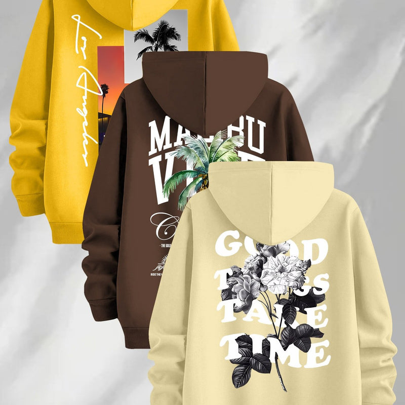 3pcs Trendy Print Sweatshirt, Men's Casual Hooded Sweatshirt.