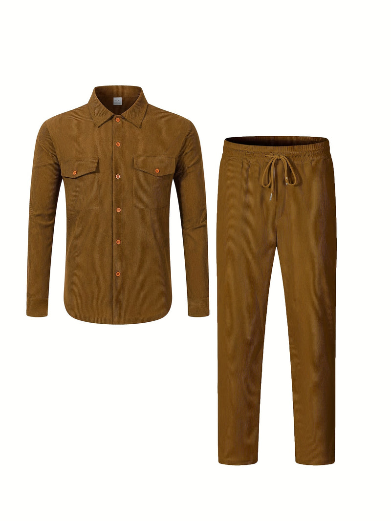 Men'S Casual Two-Piece Set - Olive Green Corduroy  Shirt & Pants.