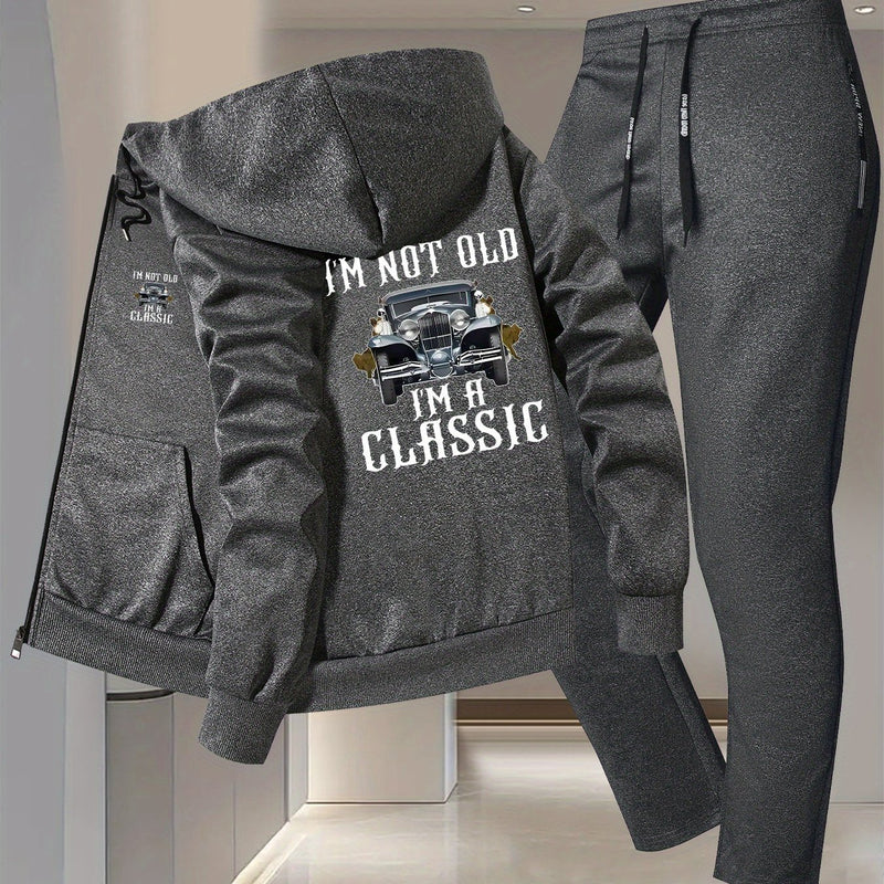 Men's Vintage Car Print 2pcs Suit Set - Slim-Fit Hooded Jacket & Pants.