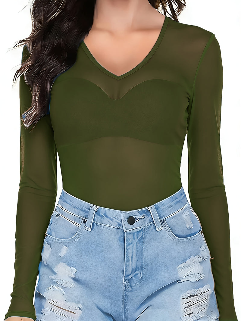 Women's Mesh Solid Color Sheer Sexy Stretchy Bodycon Thin Long-Sleeve Top.