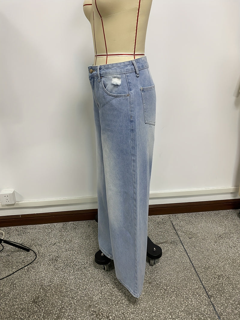 Women's New Washed Blue Wide-Leg Ultra-Long Floor-Length Ripped Loose-Fit Wide-Leg Casual Jeans.
