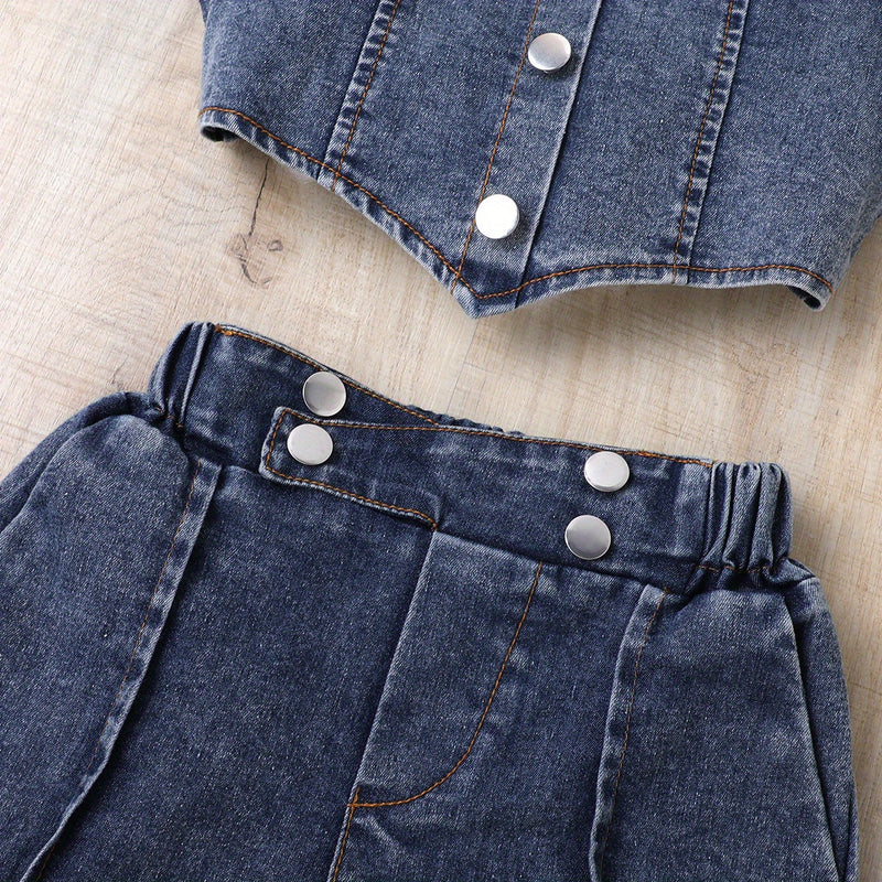 Girls Casual Trendy Stylish Y2K Denim Cropped Top & Shorts Set For Summer Holiday.