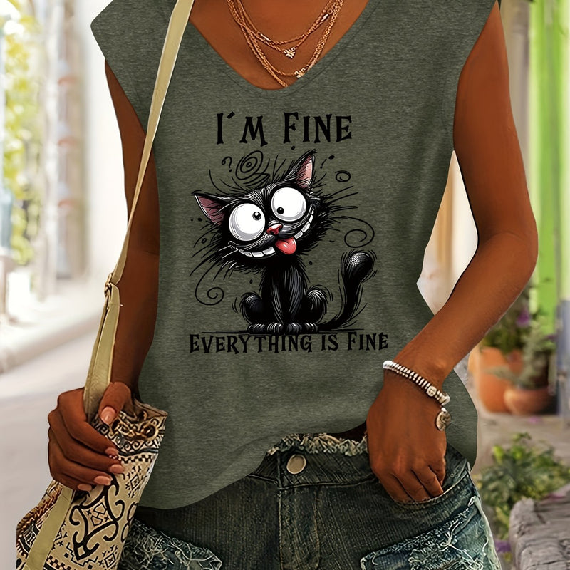 Women’s Cute Cat Print Rayon V-Neck Short Sleeve T-Shirt.
