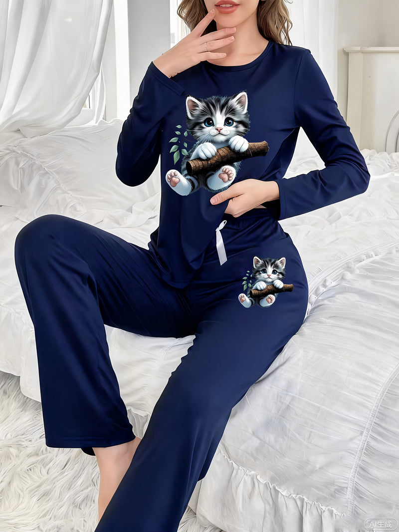 Women's Home Clothing Two-Piece Set with White Bow, Autumn And Winter.