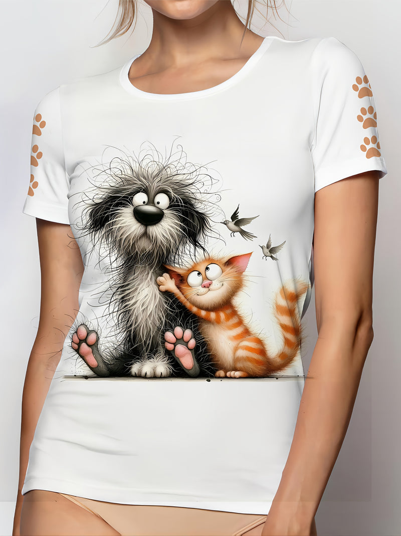 Women's Cute Pet Lover T-Shirt - Dog & Print Short Sleeve Crew Neck Top.