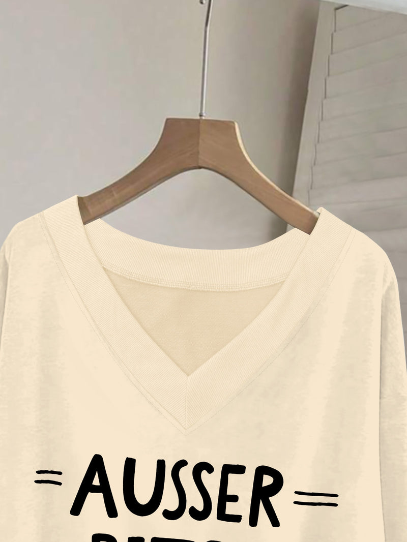 Women's Pink V-Neck Long Sleeve Sweater with German Letter Print.