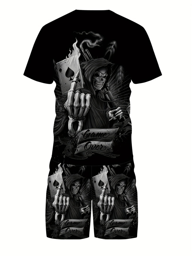 Men's Color Block Logo Skull Print 3D Pattern Summer Casual Sportswear Set.