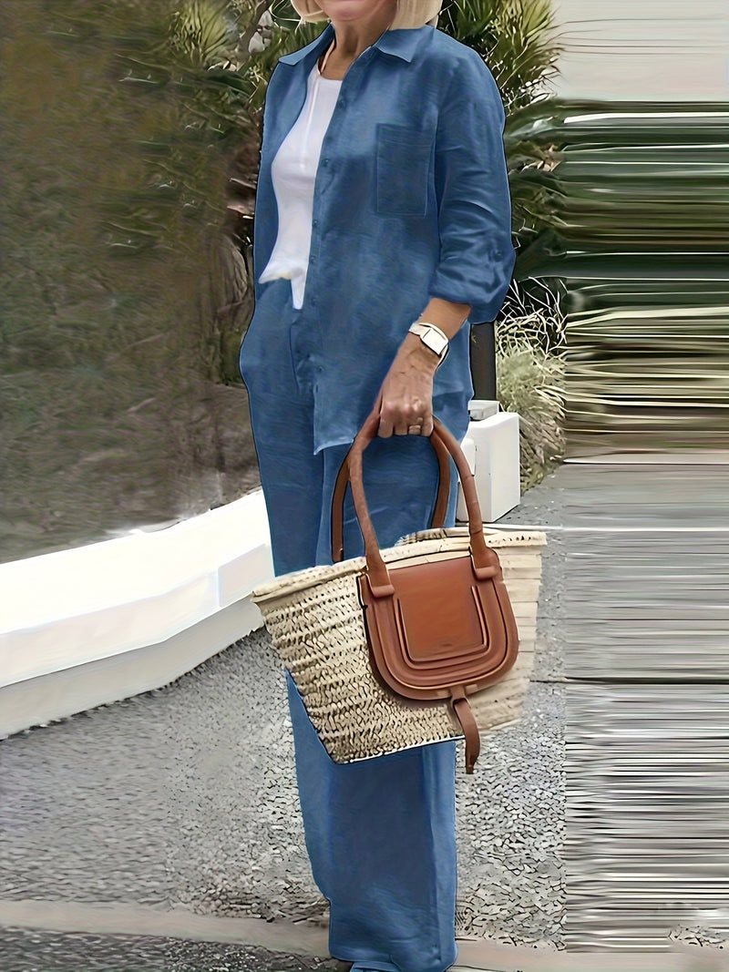 Women’s Casual Collar Cardigan and Wide-Leg Pants Set.