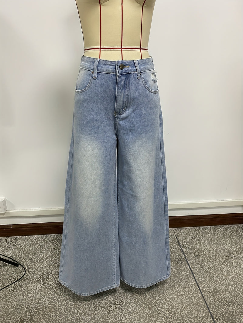 Women's New Washed Blue Wide-Leg Ultra-Long Floor-Length Ripped Loose-Fit Wide-Leg Casual Jeans.
