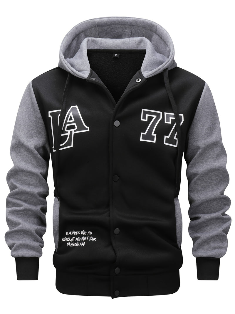 Men's Color Blocking Letters Pattern Hooded Baseball Jacket, Casual Stylish Outdoor.