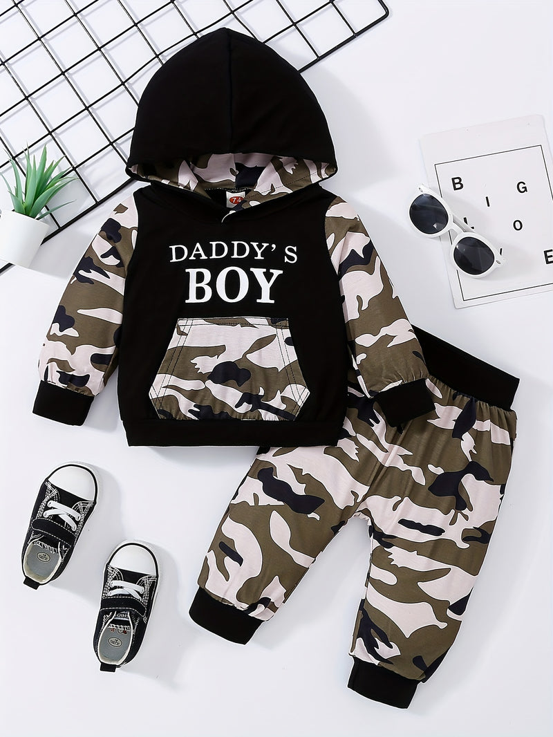 Baby Letter Slogan Print Camo Pocket Hoodie & Camo Pants Set, for Outdoor.