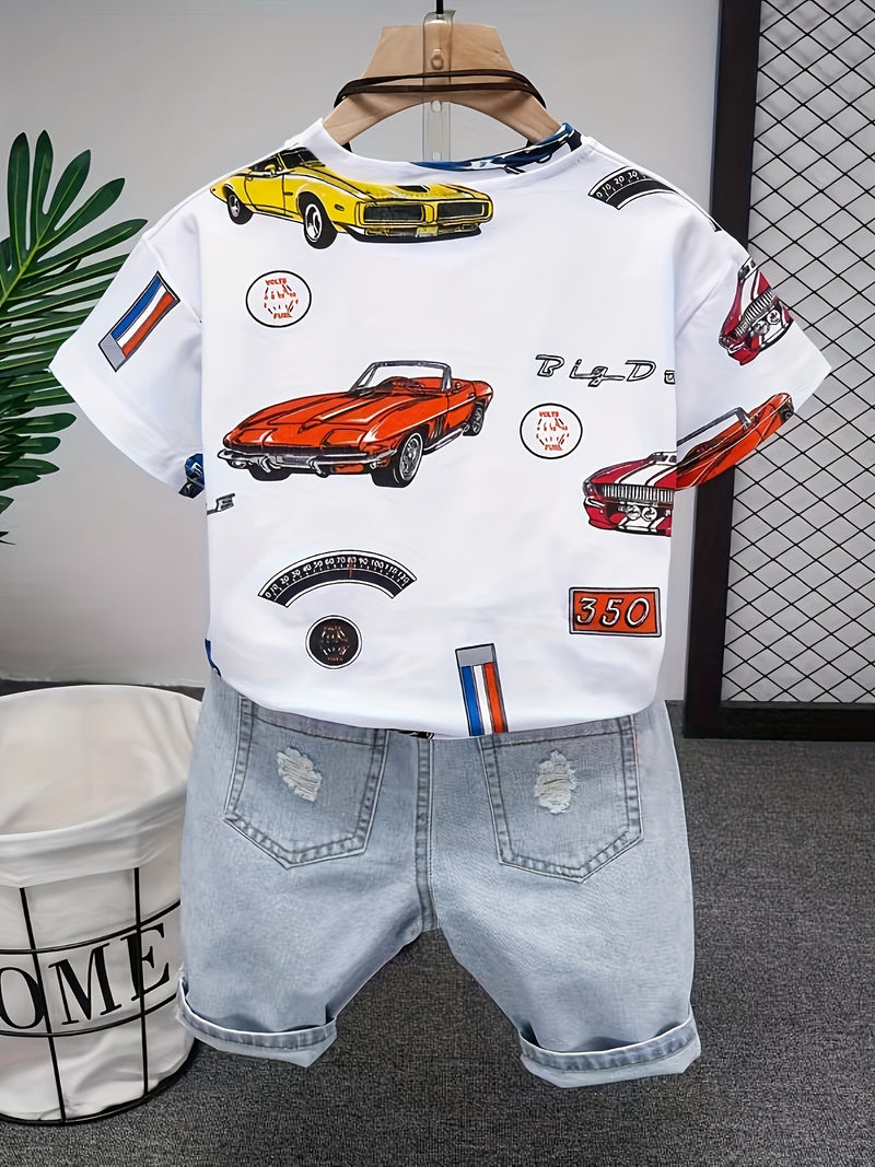 Boys' Outdoor Casual Fashion Summer Short Sleeve T-Shirt and Shorts Set with Car Print.