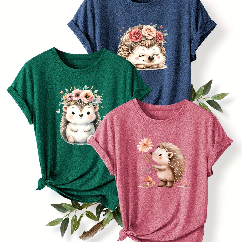 3pcs Women's Cute Hedgehog Graphic T-Shirts.