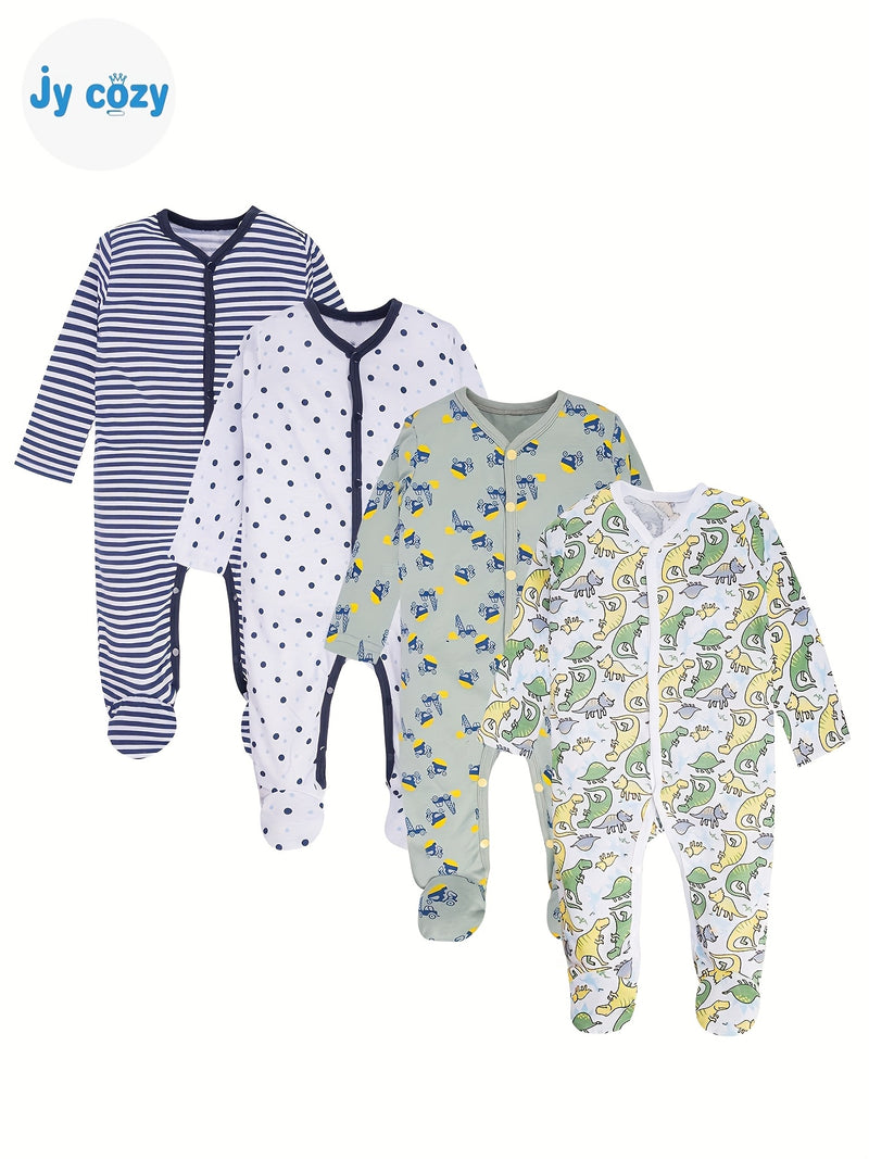 4pcs Bamboo Fiber Footed Onesies for Newborn Boys.