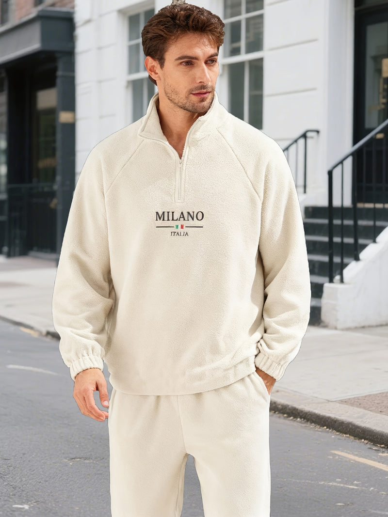 Men's Winter Set with Fleece-Lined Stand Collar Zip-Up Hoodie and Drawstring.