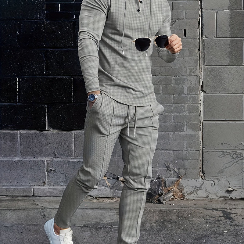 A Two-Piece Casual Outfit for Men Hooded Long-Sleeve T-Shirt.