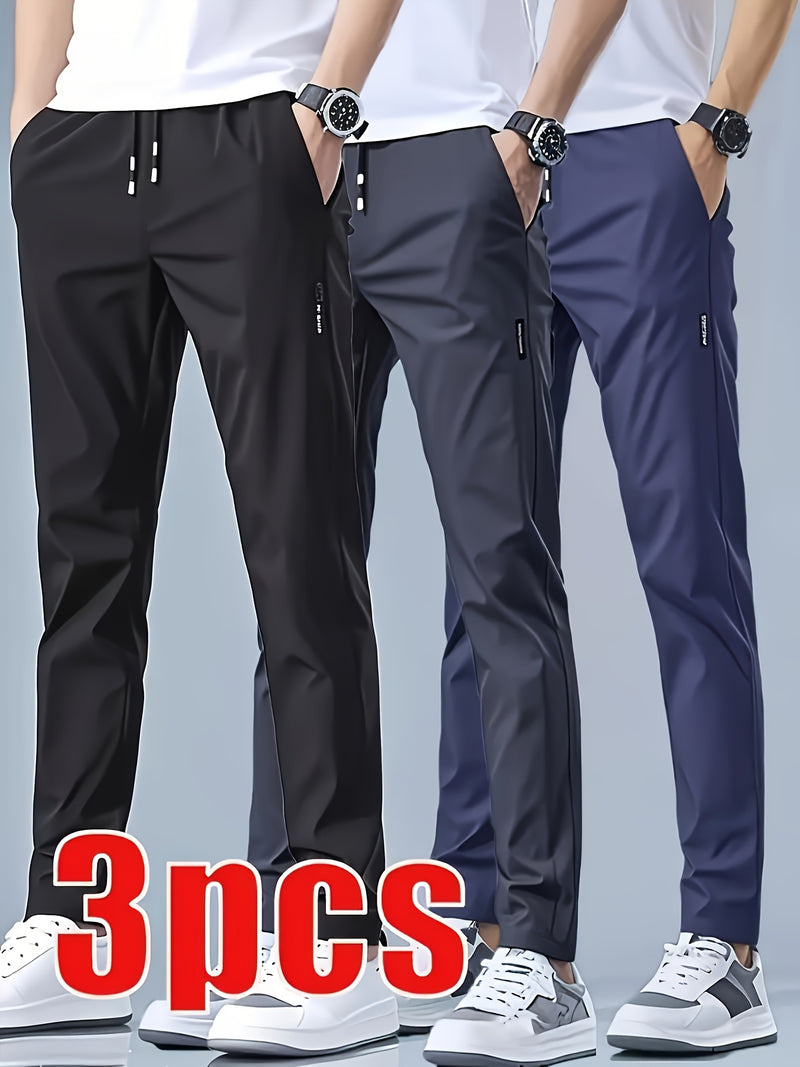 3pcs Men's Athletic Pants - Quick-Dry Drawstring Fitness Joggers.