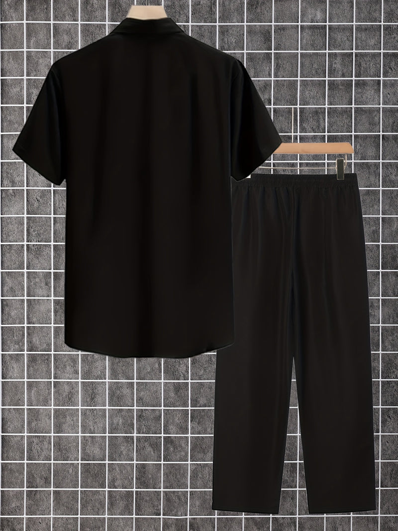2pcs Printed Men's Summer Short Sleeve Button Shirt and Long Pants Set.
