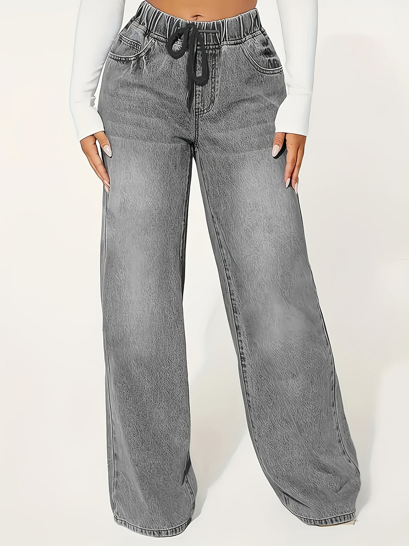 Women’s Drawstring Waist 25AW Elastic Waist Wide-Leg Jeans.