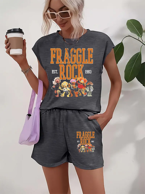 Women's Casual Summer "Fraggle Rock" Graphic Tee & Shorts Set.