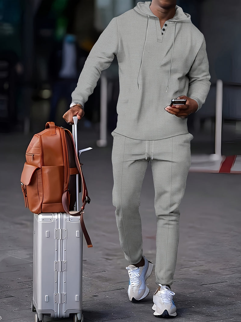 A Two-Piece Casual Outfit for Men Hooded Long-Sleeve T-Shirt.