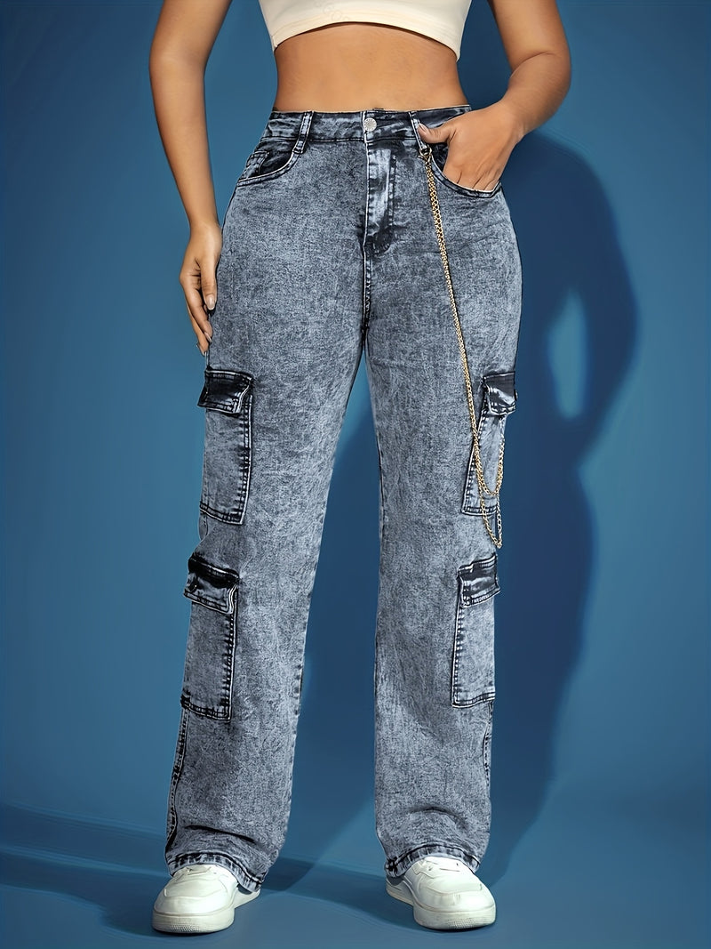 Women's High-Waisted Stretch Denim Cargo Pants.