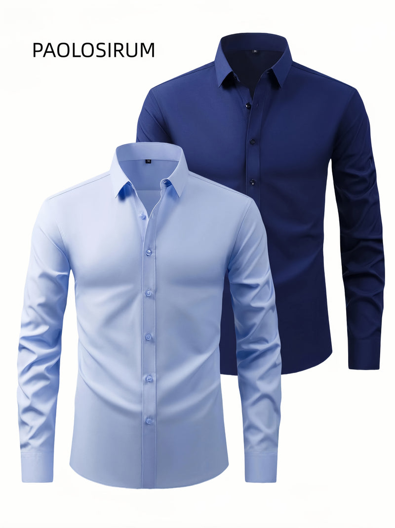 Two-Piece Set of Men's Solid Color Elastic Shirts.