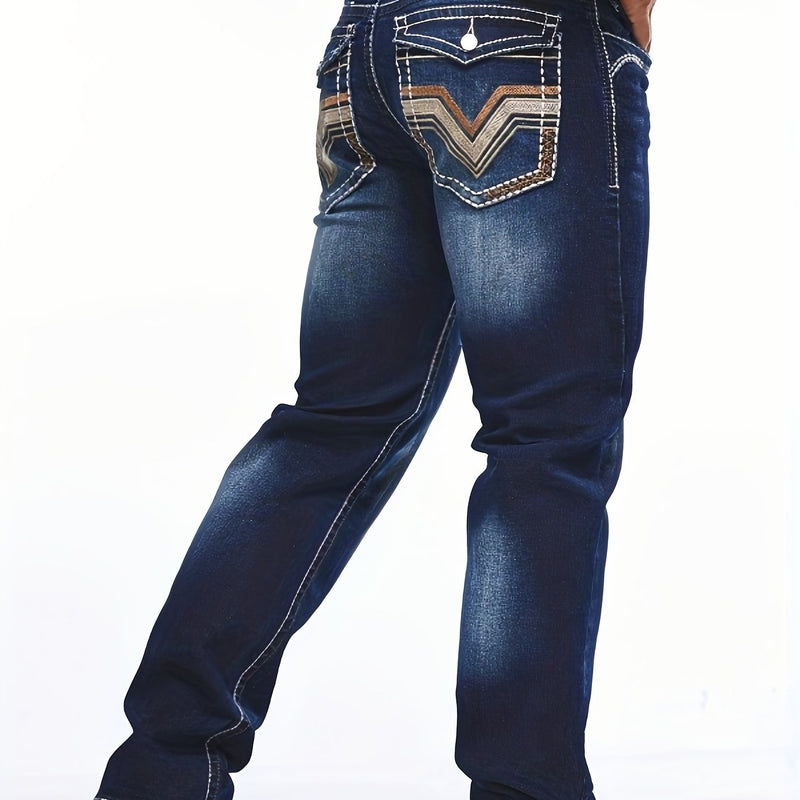 Men's Vintage-Inspired Slim Fit Embroidered Stretch Jeans.