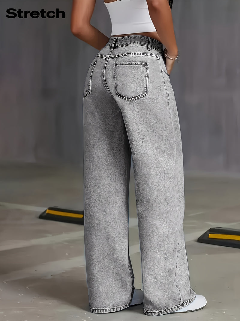 Women's New Stretch Straight Jeans, Wide-leg Jeans with Pockets.