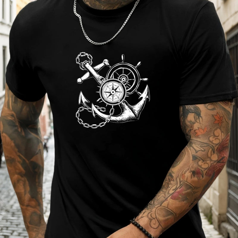 Men's Casual Summer T-Shirt with Anchor and Compass Graphic.