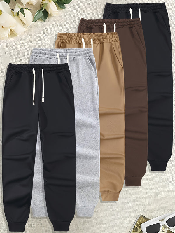 5pcs Men's Solid Color Pants with Elastic Drawstring Waist & Cuffed Bottom.