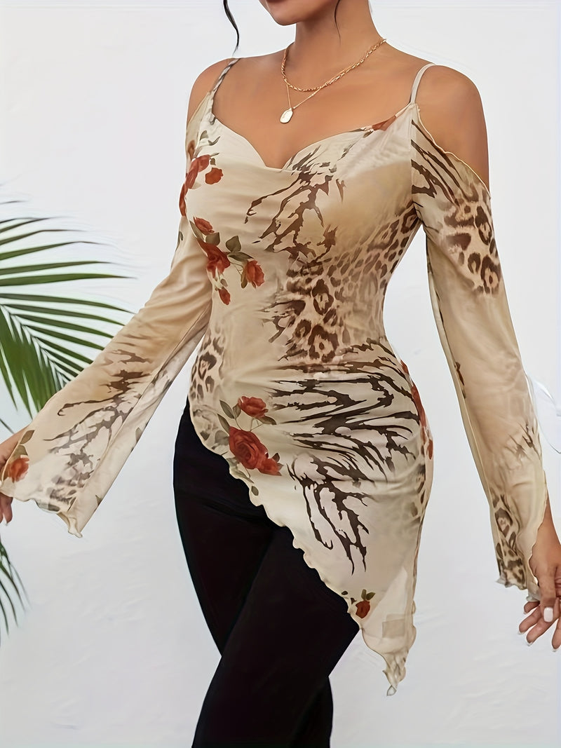 Women's Patterned Off-Shoulder Long-Sleeve Top with a Diagonal Hem.