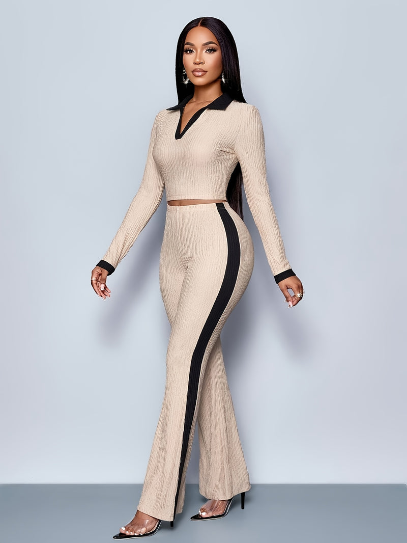 Women’s Elegant Two-Piece Chic Long Sleeve Collar Top & Contrast Trim Flared Pants.